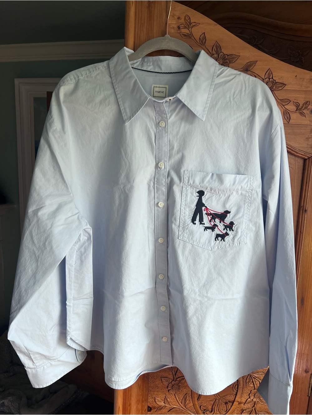 Anthropologie Pale Blue Button-Down Shirt with Embroidered Dog Walk Pocket